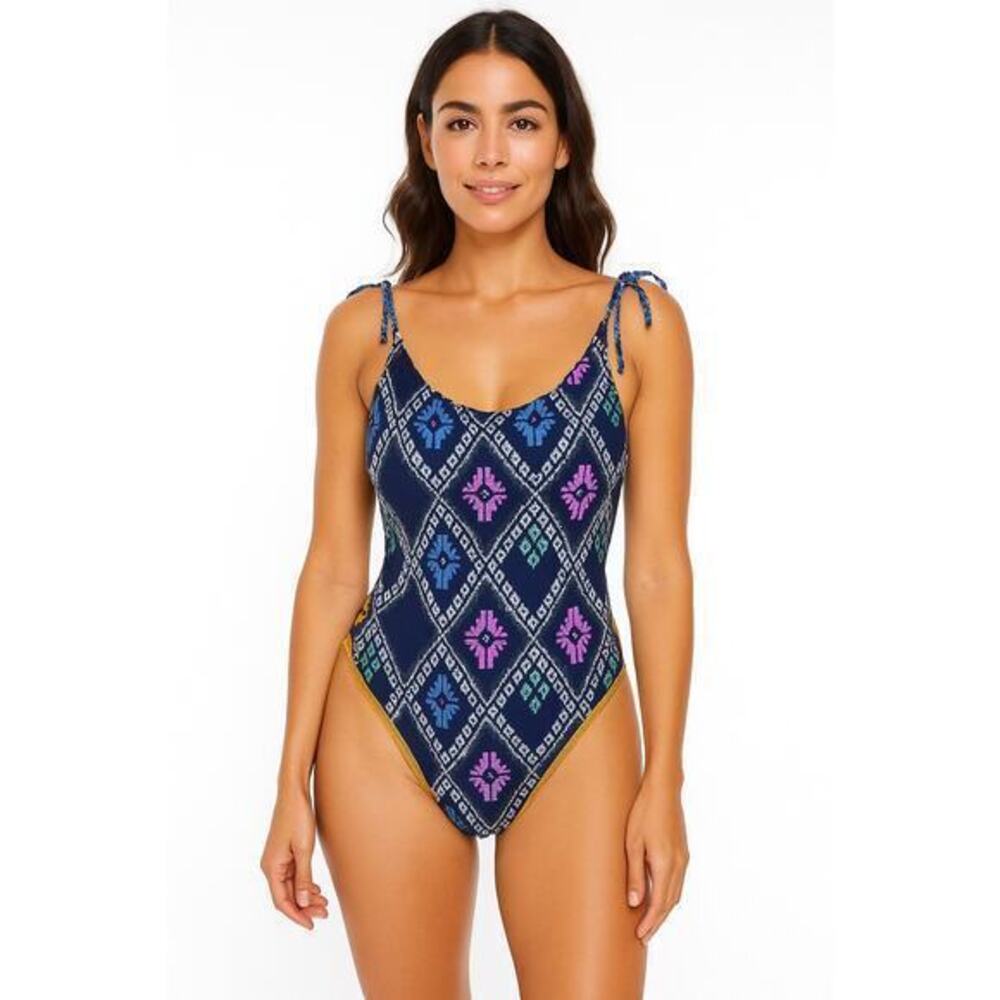 NEW Aerie cheeky coquine one piece tie shoulder swimsuit blue & yellow sz large